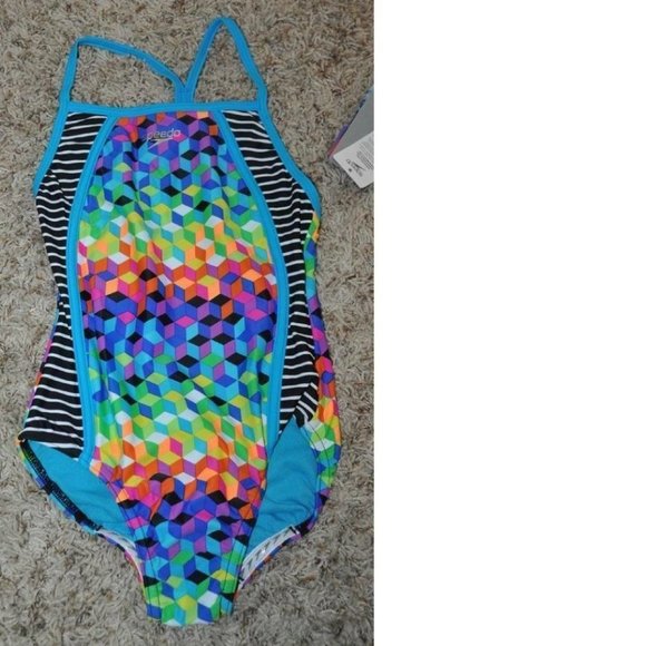 *Swimsuit Speedo sz 12 Black Stripes Blue 1 Pc Silicone Gripper Racerback Girls - Picture 2 of 3